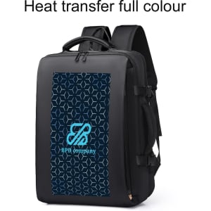 A black travel backpack with a patterned front panel and a logo. Features padded shoulder straps and a top handle.