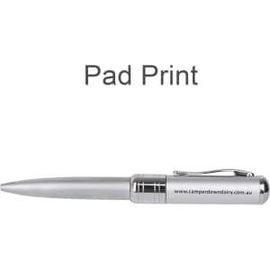 A silver pen with a sleek design and a clip, featuring a logo on its side.