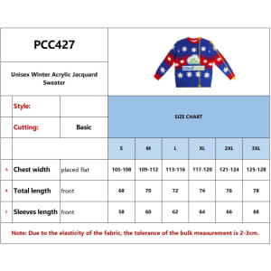 A unisex winter acrylic jacquard sweater in blue with multicoloured star patterns and a logo. Size chart included.