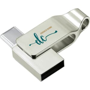 A silver Pivot Duo Type-C flash drive with a swivel design and a branding area.