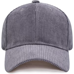A grey corduroy baseball cap featuring a structured crown and a curved brim. It has a logo on the front.