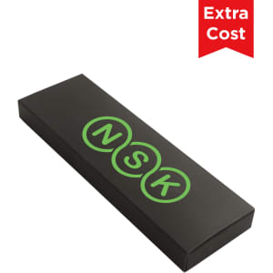A black rectangular box featuring green circular logos, packaging for a charging cable.