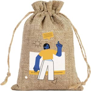 A natural linen drawstring gift bag with a colourful illustration and a logo. It features a textured, woven design.