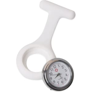 A white silicone nurse watch with a circular face displaying nurse symbols and numbers.