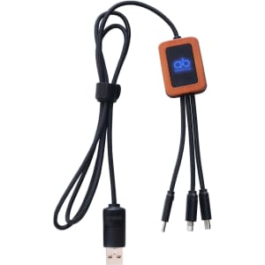 A square-shaped charging cable with a wooden accent. It features multiple connectors and has a textured black cord.