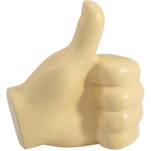 A fist-shaped stress reliever in a light beige colour with a thumbs-up design. It features a logo on the surface.