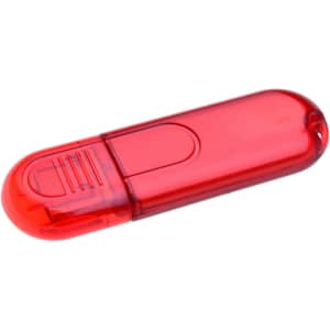 A red flash drive with a glossy finish and a sliding lid, featuring a small branding logo.