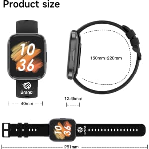 A square smart watch in black with a colourful digital display and adjustable strap. It includes a logo.