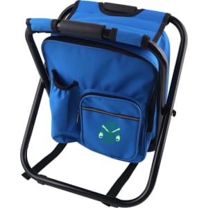 A blue foldable insulated bag with a chair frame, featuring a side pocket and a logo.