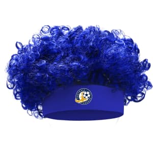 A blue afro headband wig with vibrant, curly hair and a logo on the band.