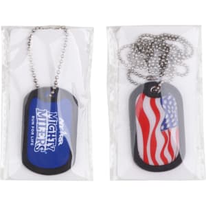 A dog tag set featuring a blue tag with a logo and a red and white striped flag design, presented in packaging.