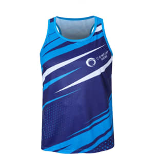 A blue and navy sublimated sports singlet featuring a dynamic design and a logo. Made from 100% polyester.