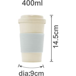 A 400ml BPA-free eco bamboo fibre coffee cup in a light beige colour with a blue silicone grip. Features a lid and branding.
