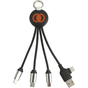 A round-shaped black charging cable with three connectors and a keyring attachment, featuring an illuminated design.