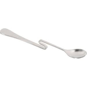 A stainless steel hanging cup spoon with a sleek design and a loop for easy attachment.