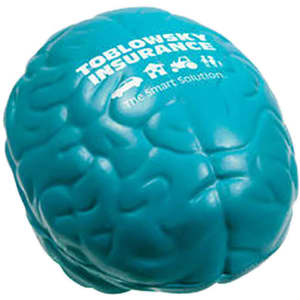 A teal brain-shaped stress reliever with a logo on one side.