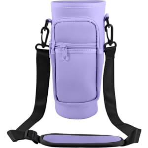 A drink bottle carrier bag in lavender with a black strap and a front zip pocket. It features a logo.