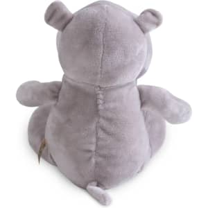 A soft grey hippo plush toy, featuring rounded ears and a small tail, seen from the back.