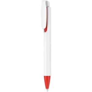 A pen with a creamy white barrel, featuring a red clip and tip, and it has a logo on the barrel.