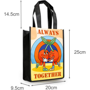 A small tote bag with a vibrant print of two cherries and a black base. Includes a logo. Dimensions are 25cm x 20cm x 14.5cm.