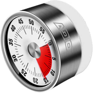 A silver and white mini magnetic visual timer with a round dial and a red section for countdowns.