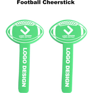 Green sponge ball cheer sticks in the shape of footballs, featuring a logo.