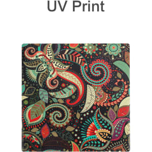 A square ceramic coaster with a colourful, intricate pattern featuring swirls and floral designs. It has a branding logo.