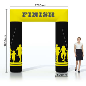 An inflatable event arch in black and yellow, featuring silhouettes of runners, with dimensions indicated.