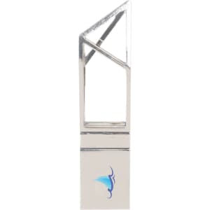 A silver flash drive with an angular design and a logo on the side.