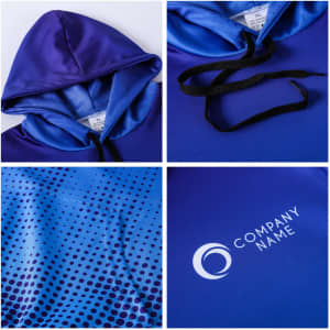 A unisex hoodie in shades of blue and purple, featuring a pocket and a logo. Made from polyester and spandex.