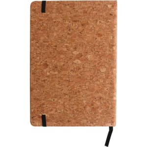 A cork notebook featuring a natural texture, with a black elastic band and strap. Ideal for note-taking and office use.