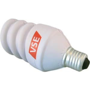 A white stress reliever shaped like an electrical lamp, featuring a silver screw base and a logo.