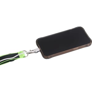 An adjustable woven phone lanyard with a vibrant green and black design, holding a sleek, black phone case.