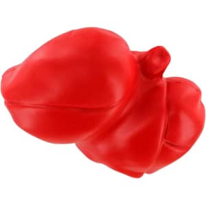 A red lung-shaped stress reliever made of soft, flexible material, featuring a simple design and a logo.