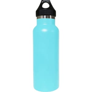 A drink bottle in a light blue colour with a black lid, featuring a logo on the side. It has a double wall vacuum design.