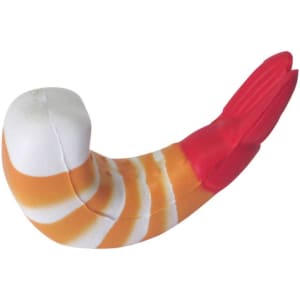 A shrimp-shaped stress reliever in white and orange with red details, designed for fun and stress relief.