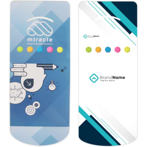 A pocket sticky note pad featuring a blue design with colourful sticky notes and a logo.