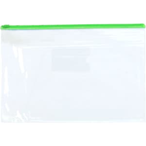 A transparent A4 file bag with a green zipper, showcasing a clear design suitable for organising documents.