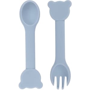 Blue bear-shaped silicone kids cutlery set featuring a spoon and fork with bear head designs.