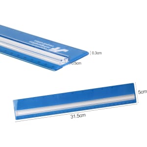 A blue magnifying ruler, 30 cm in length, featuring dual scale measurements and a branded logo.