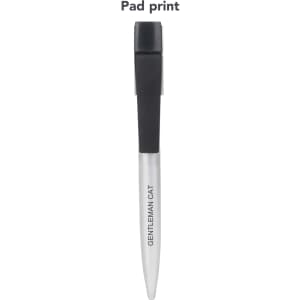 A sleek USB memory pen in silver with a black clip. Features a logo and a pad print design.