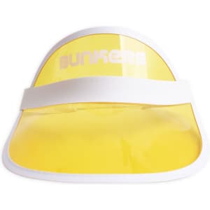 A PVC sunscreen hat in yellow with a white band and a visible logo on the front.