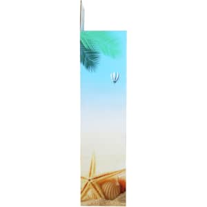 A tall cardboard floor display featuring a beach scene with palm leaves, shells, and a hot air balloon design.