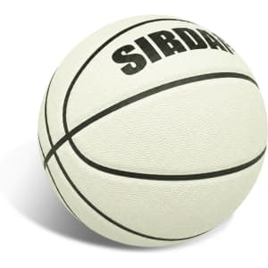 A white basketball featuring black lines and lettering, with a textured surface, and a logo.