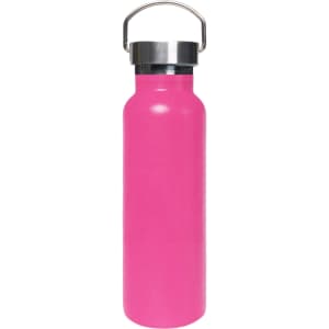 A drink bottle in vibrant pink features a double wall vacuum design and a stainless steel lid.
