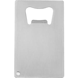 A drink bottle opener in a sleek silver card shape, featuring a rounded cut-out and a hole for attachment.