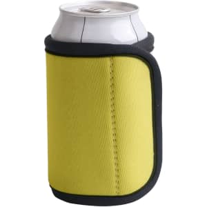 A drink bottle wrapped in a yellow and grey Velcro stubby holder. The holder features a logo on it.