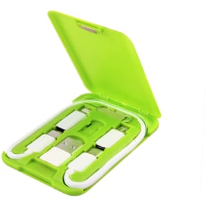 A green multifunctional cable case with various charging cables neatly organised inside.
