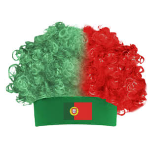 A curly headband wig featuring red and green curls, with a flag design incorporated into the headband.