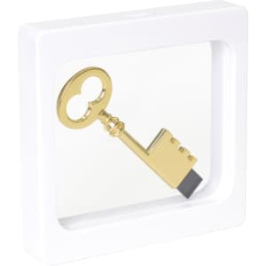 A gold key displayed within a white square floating box with a transparent front. The box has a sleek design.